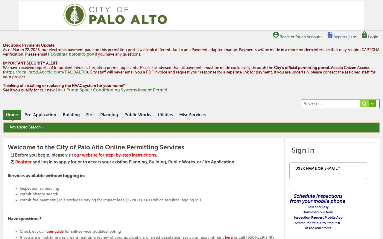 Palo Alto street directory view of the city permit and planning search
